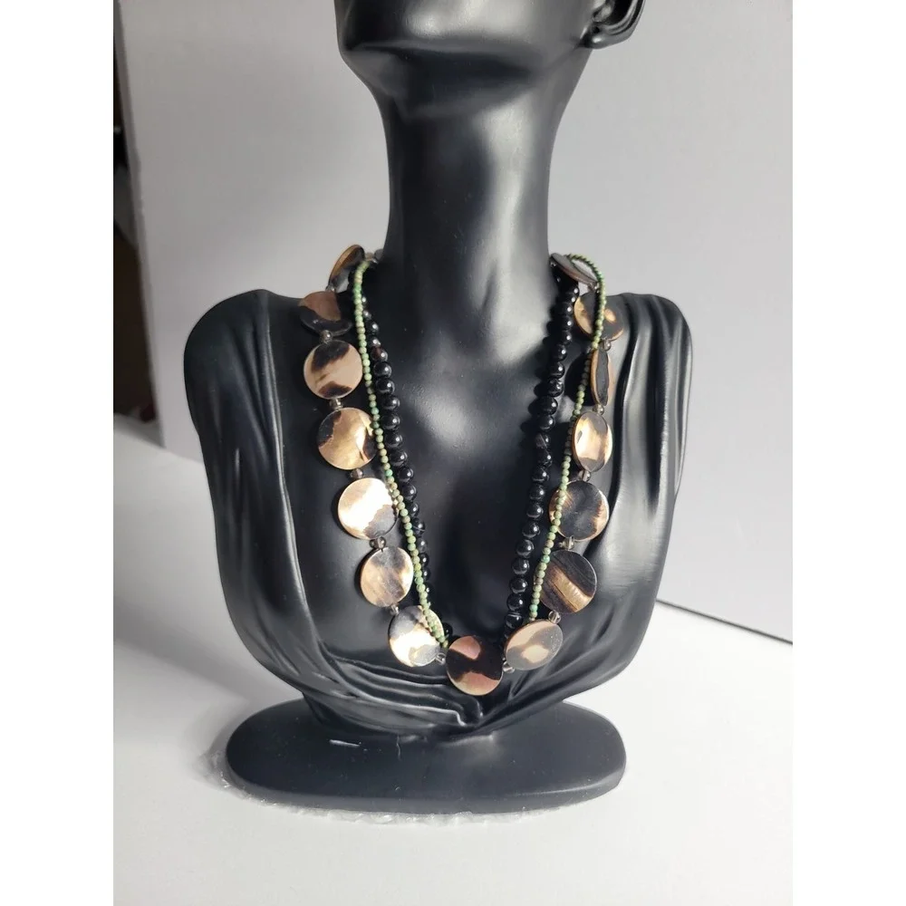 Multi Strand Shell Disc Necklace 925 Sterling Clasp Black Bead Boho Artisan